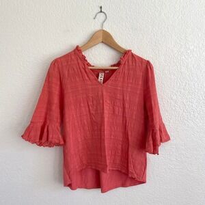 Anthropologie Dolan Tandy Ruffled Top V-Neck 3/4 Sleeve Coral‎ Peasant Blouse